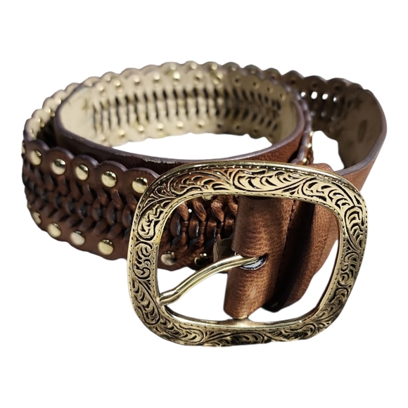 Betsey Johnson Braided Studded Belt | Brown Leather & Gold Buckle Sz Small Boho - Picture 1 of 7